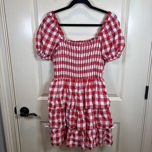 English Factory |Tuckernuck Gingham Puff Sleeve Tiered Dress Medium‎ Tomato Girl